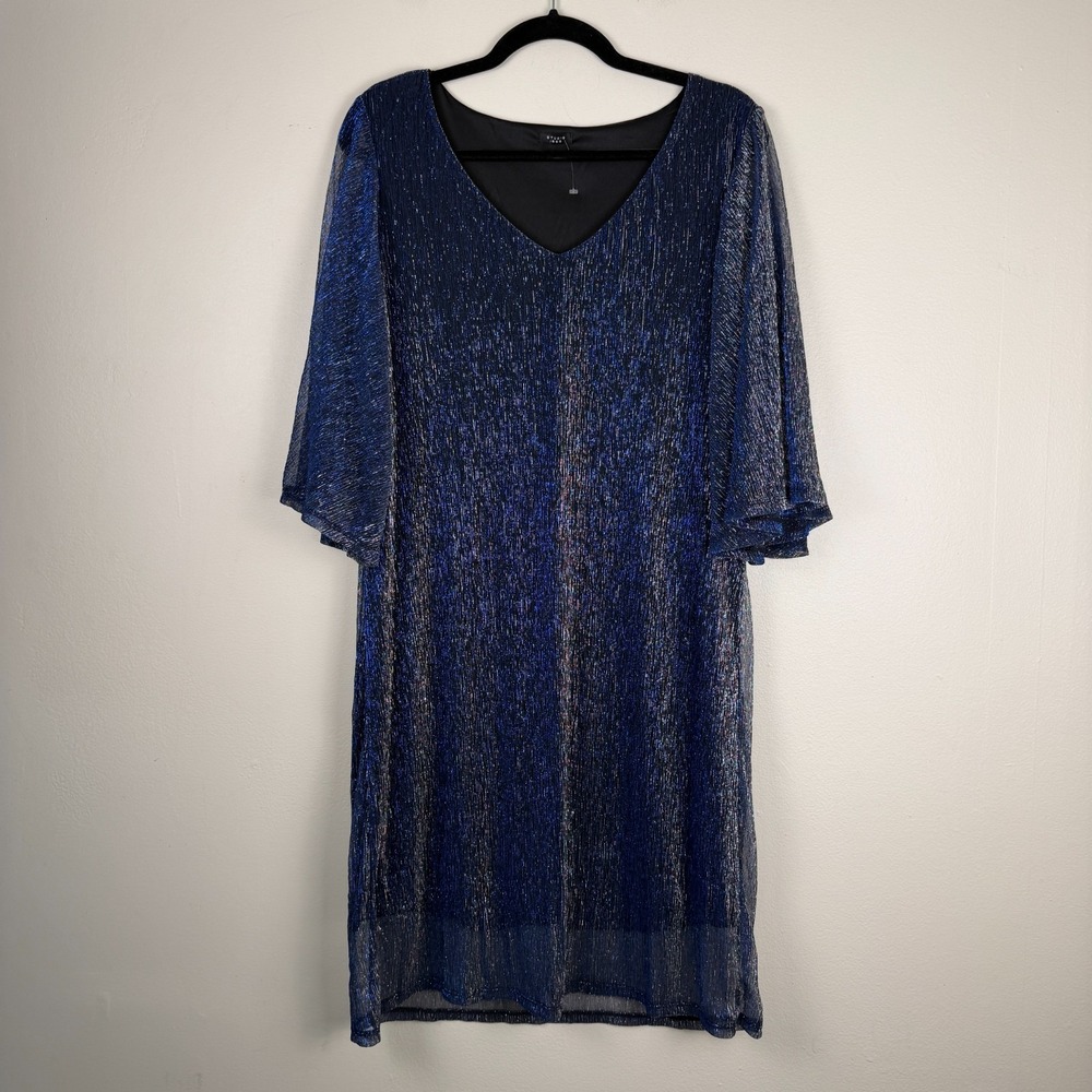 Studio 1886 Dress Womens XL Blue Metallic Flutter Sleeve‎ V-Neck Night Out Party